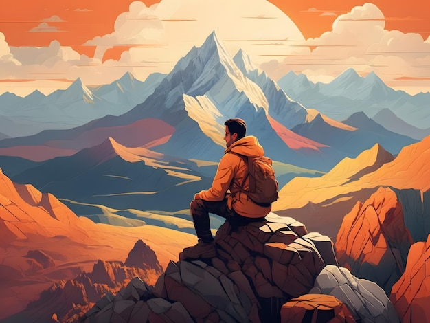 Płaska ilustracja mężczyzny siedzącego na szczycie góry i patrzącego na dolinę