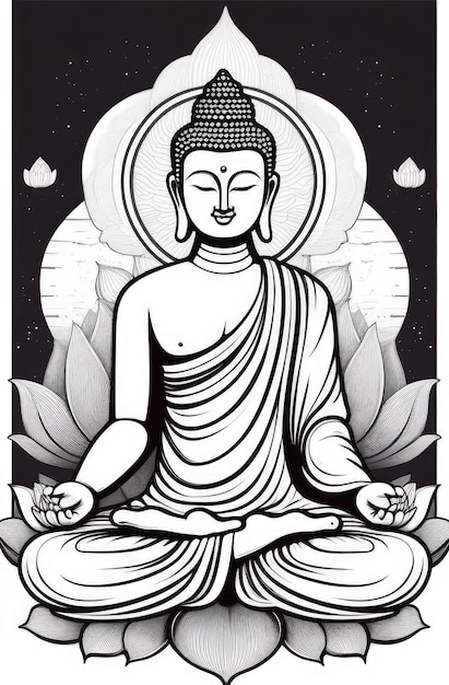 Płaska ilustracja posągu Buddy w pozycji lotosu medytacja świadomość i duchowość