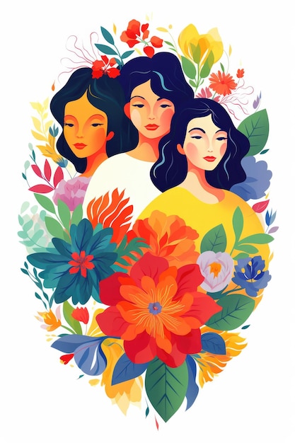 Płaska ilustracja trzech kobiet z kwiatami na Dzień Równości Kobiet lub 8 marca na białym tle