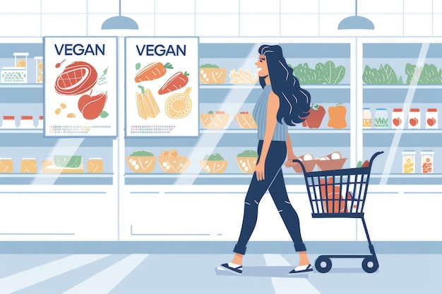 Płaska ilustracja wektorowa dorosłej wegetarianki z wózkiem na zakupy w supermarkecie