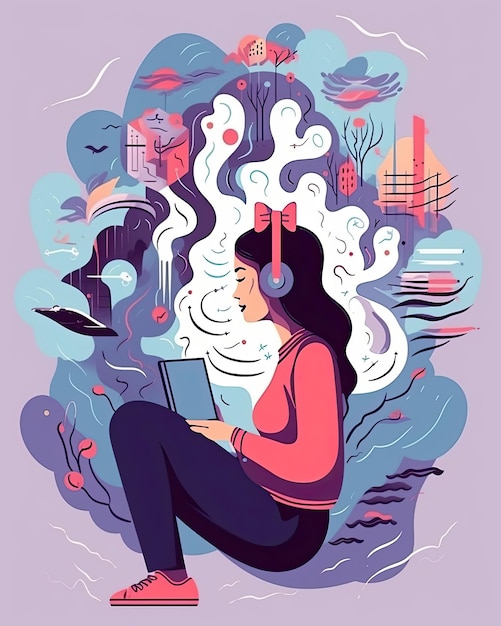 Płaska ilustracja wektorowa kobiecej postaci czytającej i słuchającej audiobooka stworzonego za pomocą technologii Generative AI