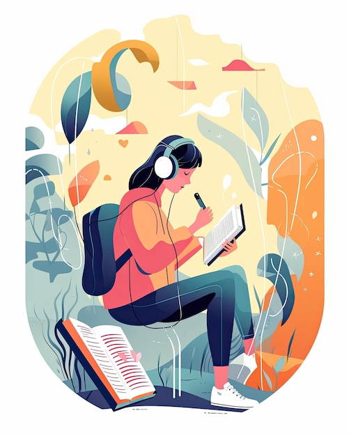 Płaska ilustracja wektorowa kobiecej postaci czytającej i słuchającej audiobooka stworzonego za pomocą technologii Generative AI