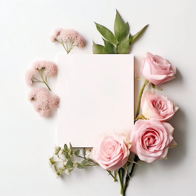 Zdjęcie płaska koncepcja dnia walentynek z kwiatami i bukietem pięknych różowych róż z przestrzenią do kopiowania