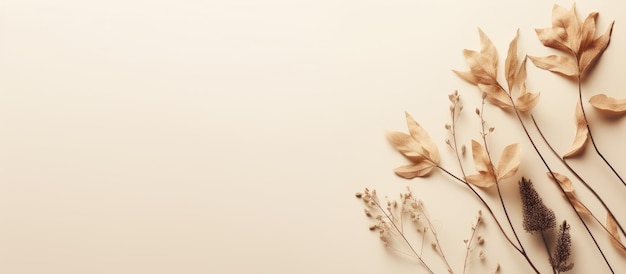 Płaska makieta przedstawiająca suszone kwiaty i suszoną gałąź na beżowym tle widziana z