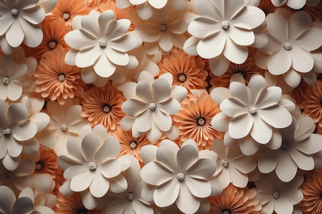 Płaska powierzchnia pełna małych koralowców i białych papierowych kwiatów wygenerowanych przez sztuczną inteligencję