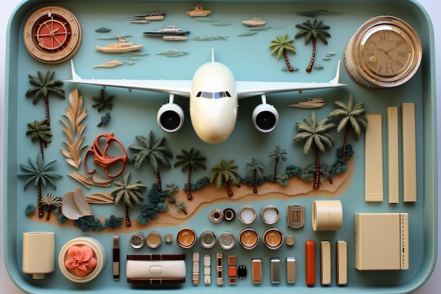 Zdjęcie płaska prezentacja przedstawiająca samolot pośród niezbędnych artykułów podróżnych i palm generacyjna sztuczna inteligencja