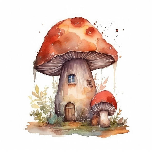 Płaska sztuka małego Mushroom House cyfrowa sztuka akwareli izolowana na białym Generuj Ai