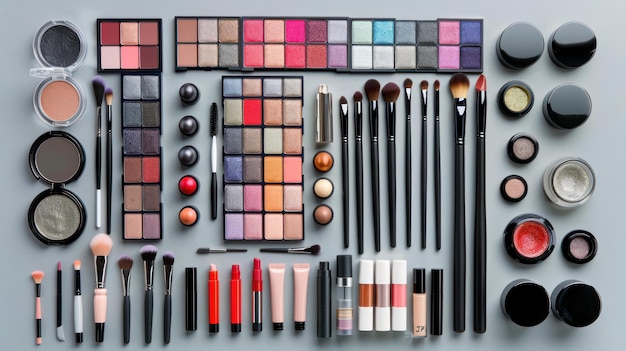 Płaska warstwa produktów makijażowych uporządkowanych według koloru tworząca wizualnie atrakcyjne tło