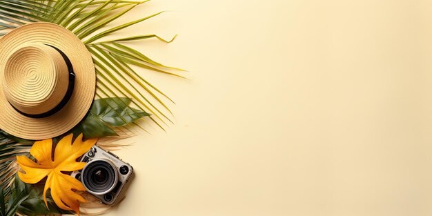 Zdjęcie płaska z akcesoriami dla podróżnych tropikalna liść palmowa kamera retro kapelusz słoneczny gwiazda morza na żółtym