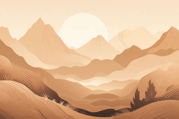 Płaski abstrakcyjny, minimalistyczny, estetyczny krajobraz gór w tle Modny projekt graficzny tło Odcienie beżowo-brązowego koloru