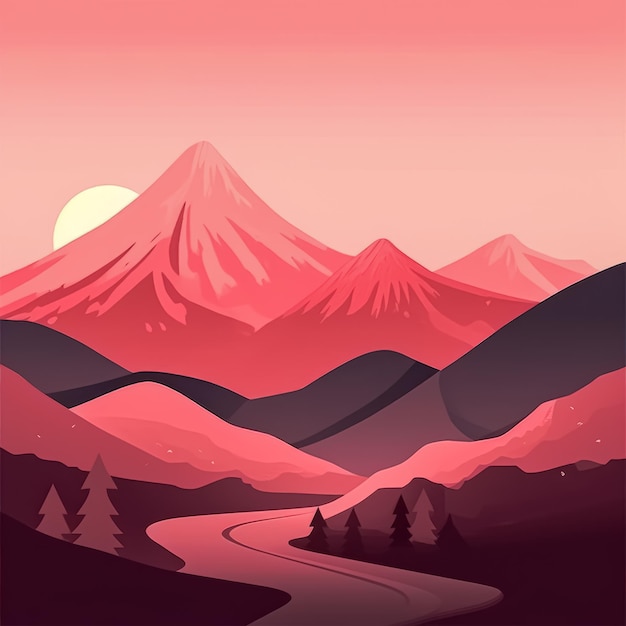 Płaski abstrakcyjny, minimalistyczny, estetyczny krajobraz gór w tle Modny projekt graficzny tło Różowe odcienie koloru