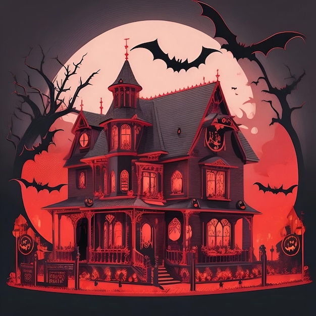 Płaski dom halloween z czerwono-czarnym tłem