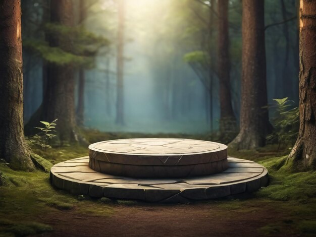 Płaski kamienny podium w magicznym lesie puste okrągłe stojące tło