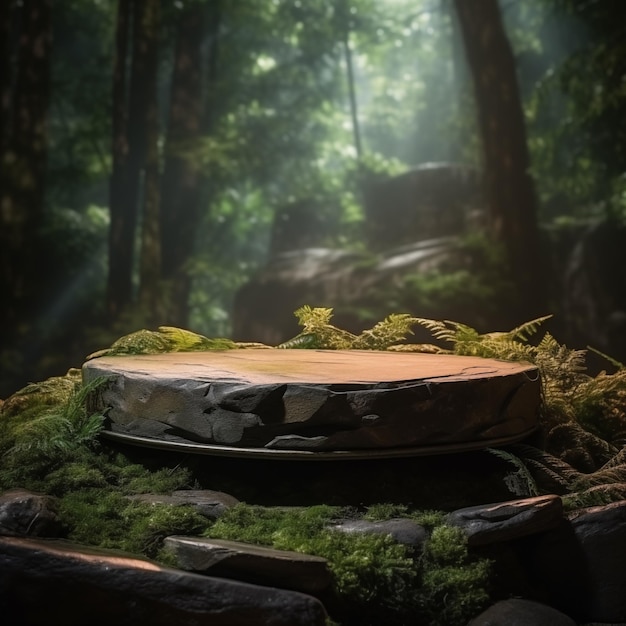 Zdjęcie płaski kamienny podium w magicznym lesie.