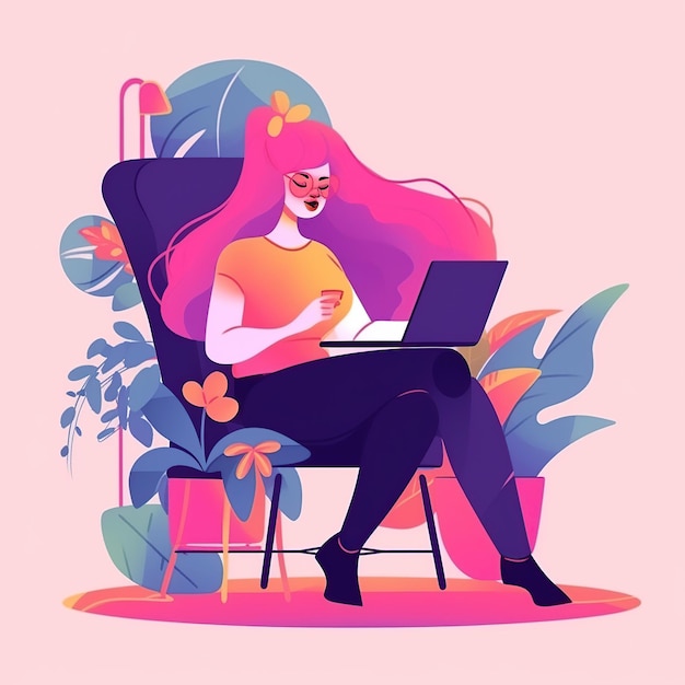Zdjęcie płaski projekt kobiety siedzącej na krześle z laptopem