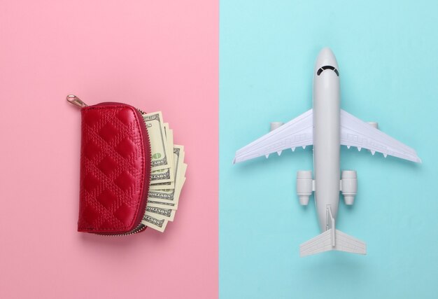 Płaski projekt koncepcji podróży z samolotem i portfelem.