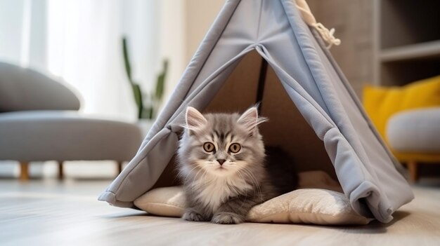 Płaski szary kotek w nowoczesnym domku dla zwierząt domowych wygląda na ciekawie przytulny wnętrze domu