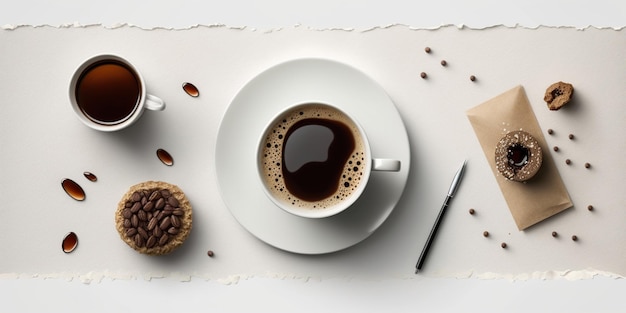 Płaski układ kawy z innymi przysmakami na panoramicznym białym tle wygenerowanym przez Ai