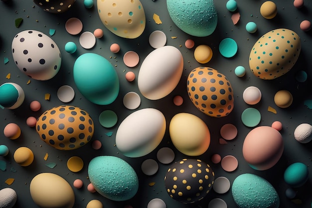 Płaski układ kolorowych jaj kurzych tekstura tło wielkanoc koncepcja Sieć neuronowa AI wygenerowana sztuka
