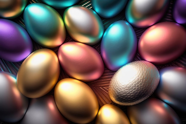 Płaski układ kolorowych jaj kurzych tekstura tło wielkanoc koncepcja Sieć neuronowa AI wygenerowana sztuka