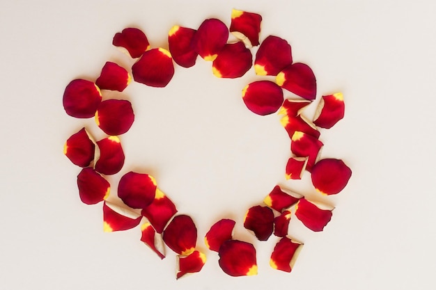 Płaski układ płatków róż. Czerwone płatki na beżowym spokojnym tle. Romantyczna kompozycja