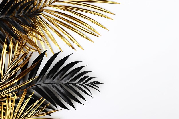 Płaski układ złotych i czarnych gałęzi liści palmowych tropikalnych