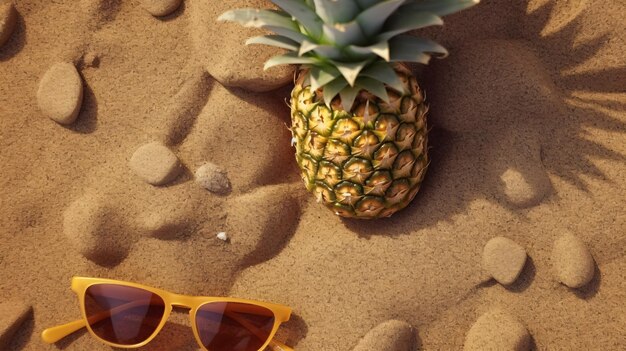 Płaski widok z góry przekrojony na pół ananas i okulary przeciwsłoneczne trzymane na piasku z tekstem miejsca na kopię