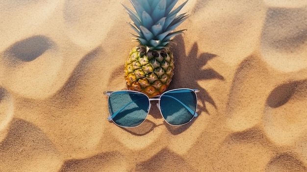 Płaski widok z góry przekrojony na pół ananas i okulary przeciwsłoneczne trzymane na piasku z tekstem miejsca na kopię
