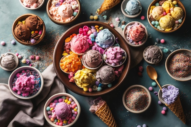Płaski widok z góry tła różnych smaków lodów w pastelowych kolorach generowanych przez AI