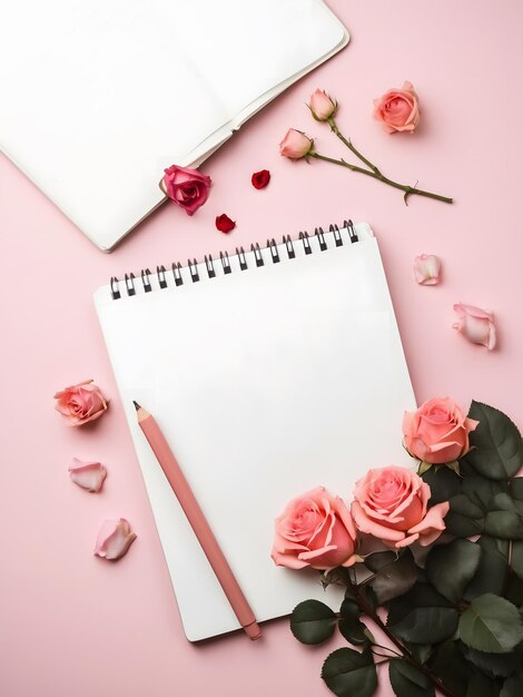 Zdjęcie płaskie biurko z notatnikiem i bukietem róż