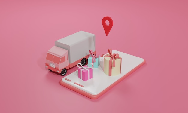 Płaskie ilustracja renderowania 3D Sklep internetowy z aplikacjami mobilnymi i wysyłką ciężarówek smartfona. Ilustracja premium