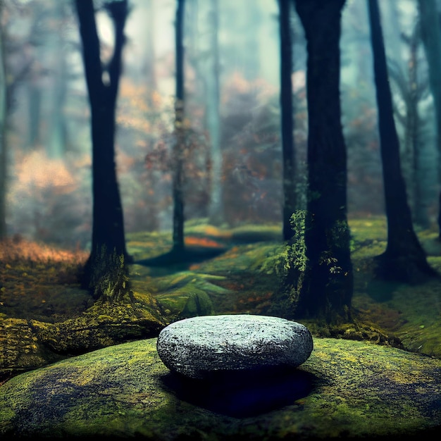 Płaskie kamienne podium w magicznym lesie ilustracja 3d puste okrągłe stoisko tło naturalna scena dla produktu kosmetycznego wyświetla minimalny projekt