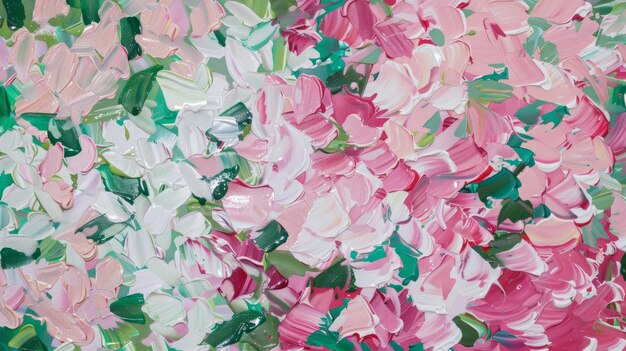 Zdjęcie płaskie malarstwo kwiatowe na oleju w różowo-białej i zielonej sztucznej inteligencji generatywnej