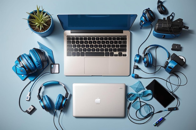 Zdjęcie płaskie niebieskie biurko z laptopem i słuchawkami
