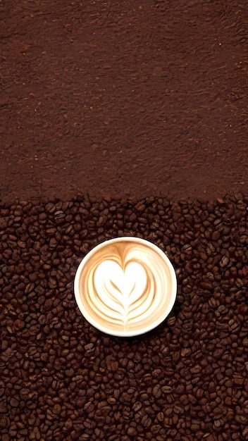 Płaskie ujęcie filiżanki cappuccino z ilustracjami ziaren kawy i fusów