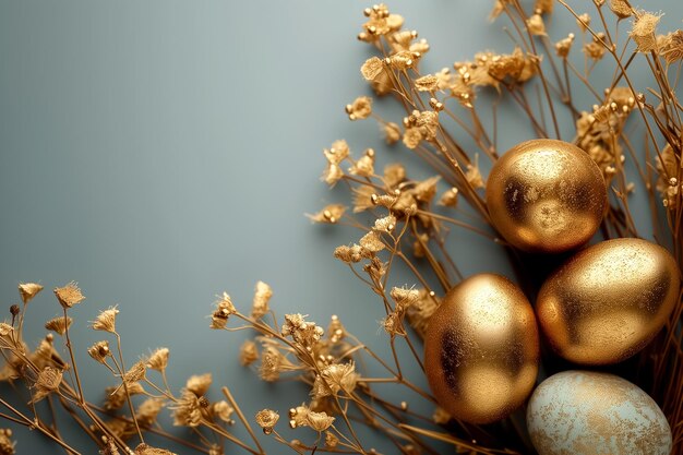 Zdjęcie płaskie układanie błyszczących złotych malowanych jaj kwiatowych złotych gałęzi na pastelowym tle przestrzeń dla tekstu