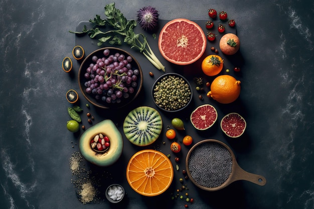Płaskie ułożenie różnych nasion owoców i warzyw na szarym stole Optymalna dieta