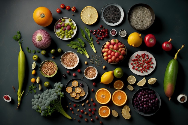 Płaskie ułożenie różnych nasion owoców i warzyw na szarym stole Optymalna dieta