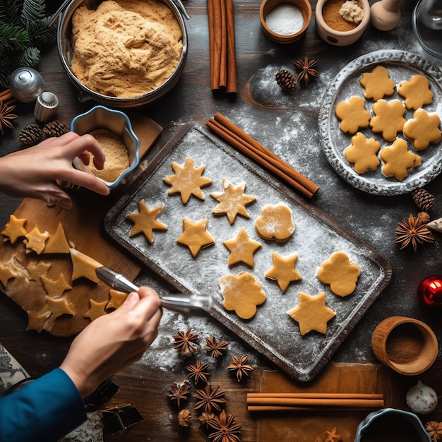 Płaskie warstwy gotowania domowych świątecznych składników piekarniczych lub ciasteczek piernikowych umieszczonych na stole