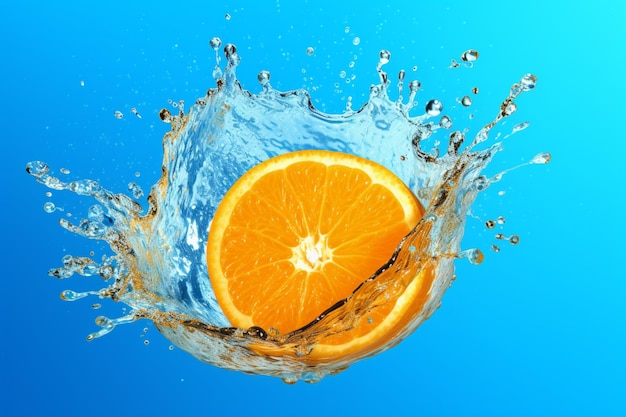 Plasterek pomarańczy jest upuszczany do plusk wody.