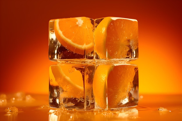 Plasterki pomarańczy w kostkach lodu z plasterkami pomarańczy na wierzchu