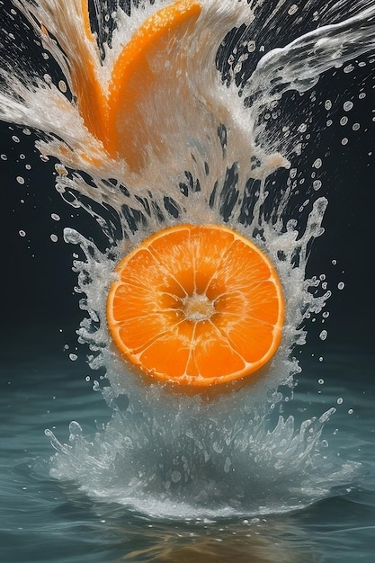 Plasterki pomarańczy wpadające w makro-pęcherzyki wody