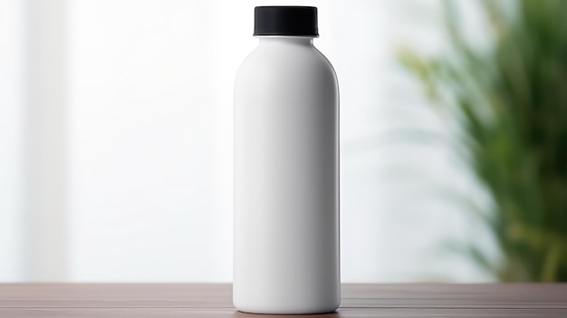 Plastikowa butelka na stole w pokoju Mockup do projektowania marki