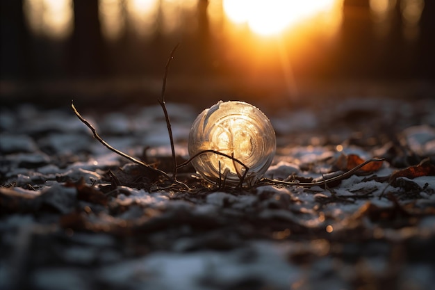 Zdjęcie plastikowa butelka w śniegu z zachodzącym słońcem