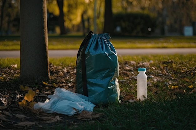 Plastikowa butelka ze śmieciami w środku obok kosza i torby w parku stworzona za pomocą generatywnej ai