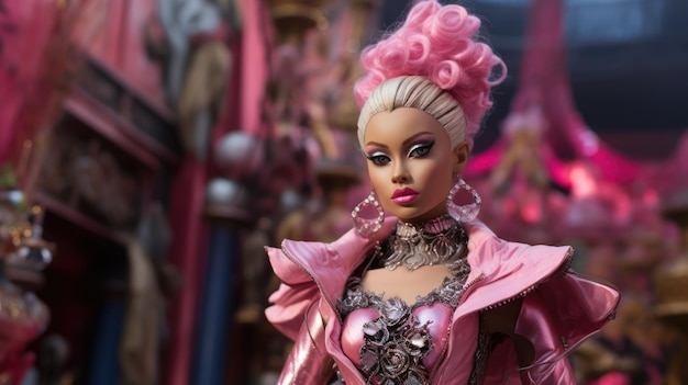 Plastikowa lalka punk w różowym i metalicznym garniturze na rozmytym tle Koncepcja cosplayu