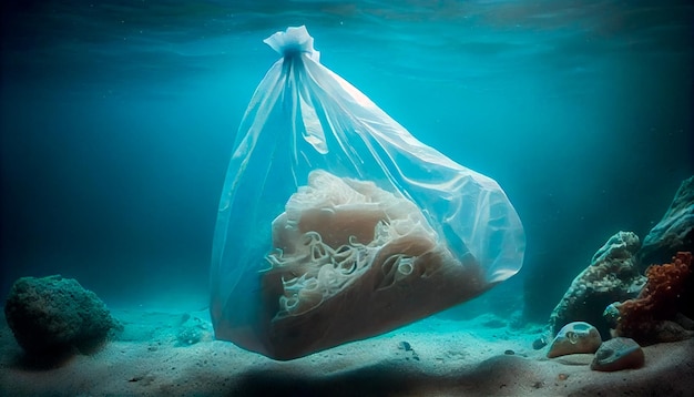 Plastikowa torba pod powierzchnią morza Generative AI