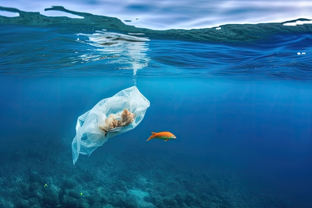 Plastikowa torba unosząca się na oceanie otoczona wodną fauną i florą stworzona za pomocą generatywnej sztucznej inteligencji