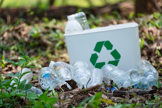 Plastikowe butelki i kosz na zewnątrz na zewnątrz