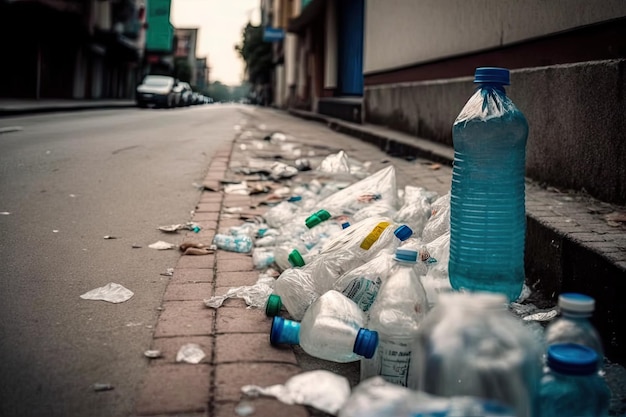 Plastikowe butelki i puste opakowania leżące na ulicach miasta przepełnione śmieciami